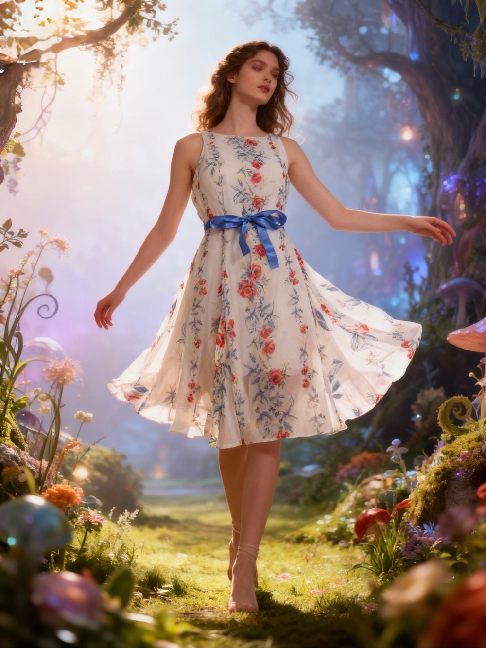 Disney Floral Midi Dress with Blue Ribbon Accent